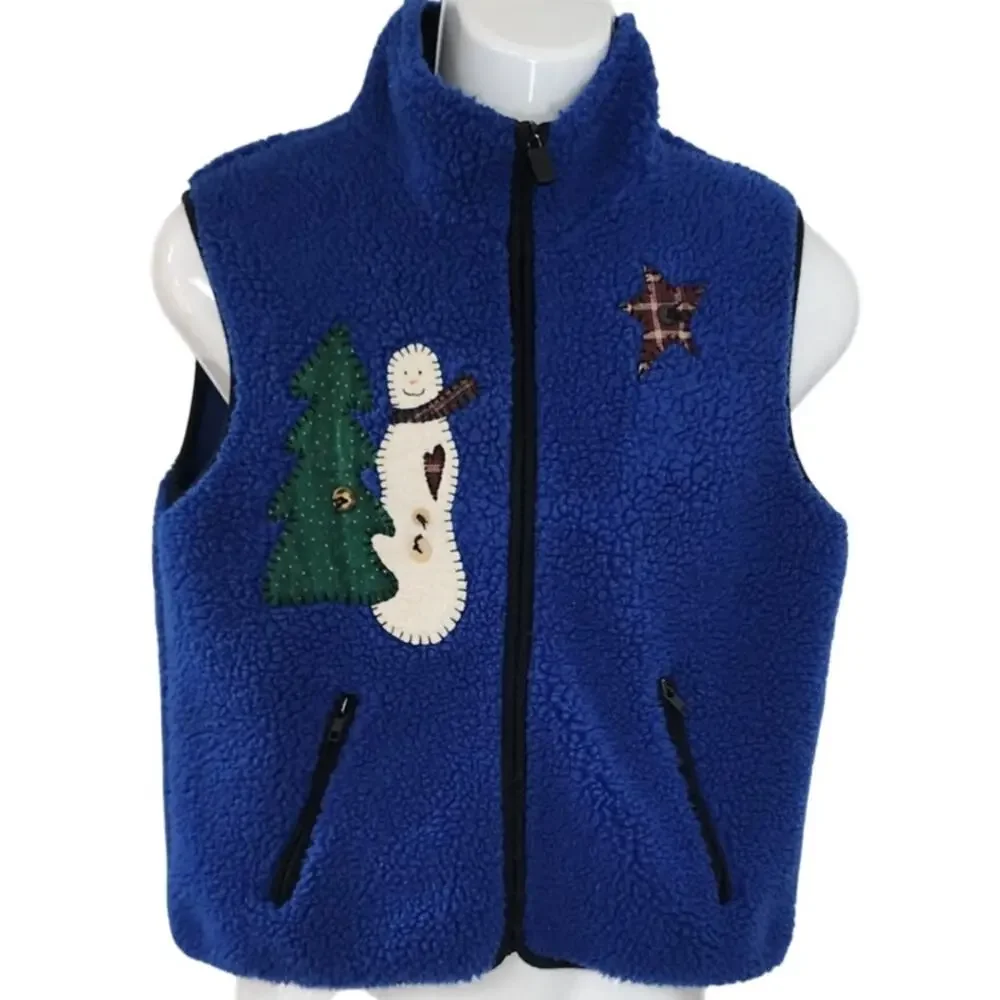 Vintage Key Classic Women's L Blue Fleece Snowman Christmas Holiday Zip Vest